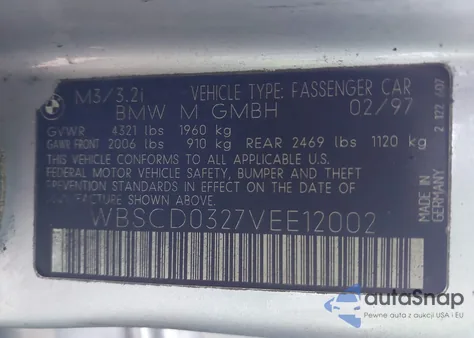 1997 BMW M3 from USA, damaged, VIN WBSCD0327VEE12002